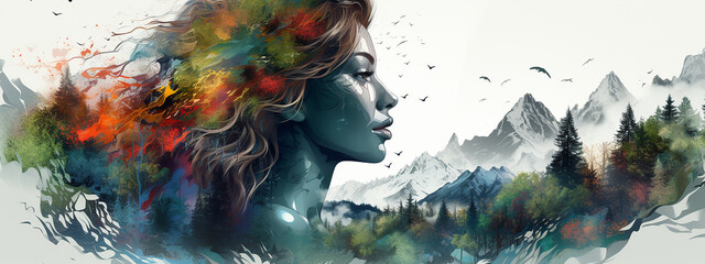 Abstract portraite of beautiful young woman. Double exposure of female with background of nature, forest, mountains. Mental Health Awareness. Eco style. Watercolor illustration, banner