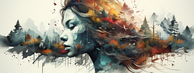 Abstract portraite of beautiful young woman. Double exposure of female with background of forest. Mental Health Awareness. Autumn and winter eco style. Watercolor illustration
