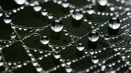 Close-up of morning dew on a spider web, each droplet glistening like a jewel.