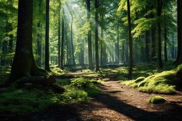 Obraz premium A lush, green forest with rays of sunlight filtering through the trees.