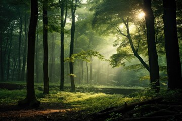 A lush, green forest with rays of sunlight filtering through the trees.