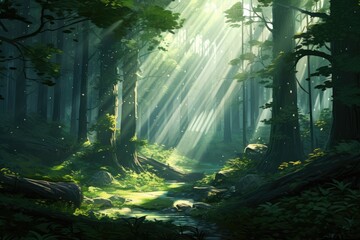 A lush, green forest with rays of sunlight filtering through the trees.