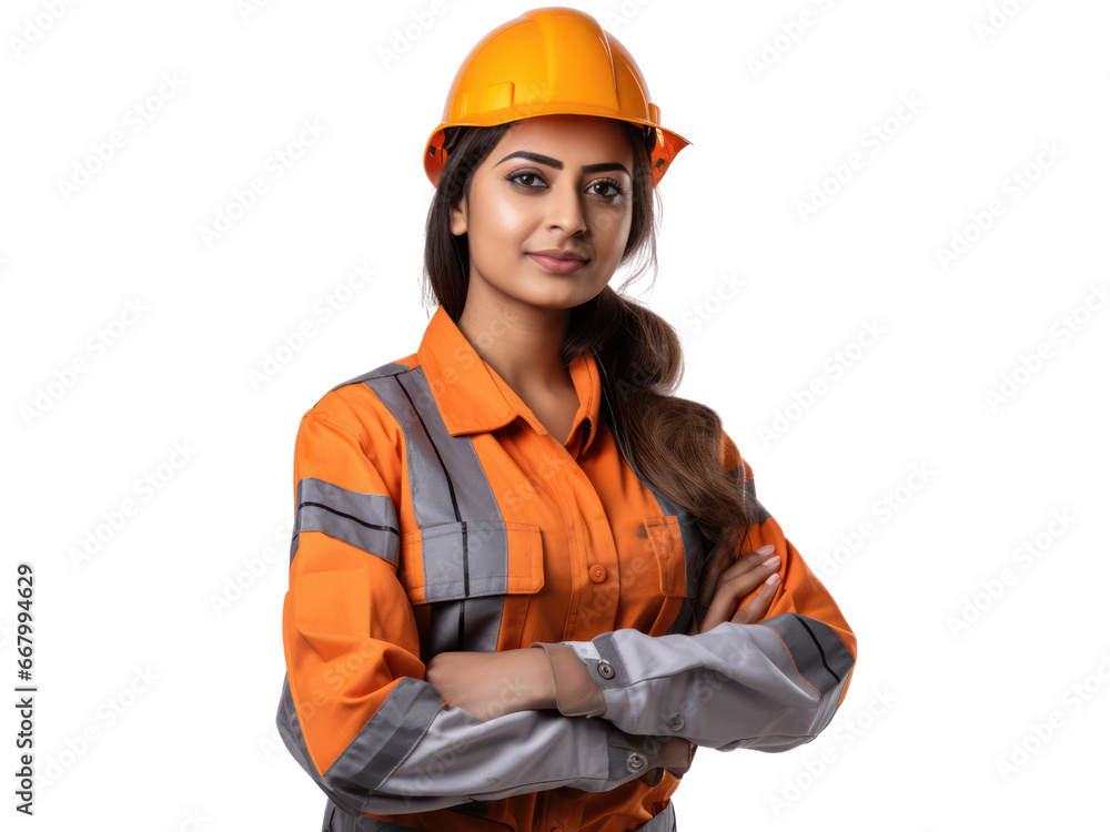 Wall mural indian women engineer in helmet and orange vest, smiling, isolated on transparent background.