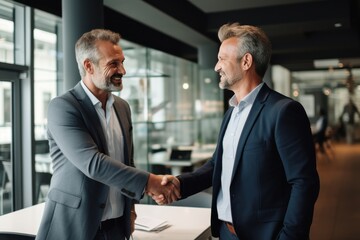Smiling middle aged business man handshaking partner, making partnership collaboration agreement at office meeting. HR manager and new worker shake hands recruiting at job interview. 