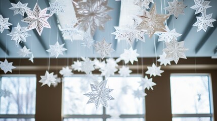 Delicate paper snowflakes hanging from a ceiling, creating a winter wonderland indoors.