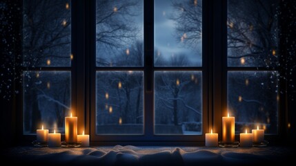Glowing candles set against a frosted window, illuminating the dark night.