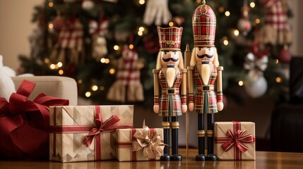 Handcrafted wooden nutcrackers standing guard beside wrapped Christmas gifts.