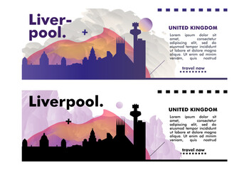 UK Liverpool city banner pack with abstract shapes of skyline, cityscape, landmark. North West England travel vector horizontal layout set for brochure, website, page, presentation, header, footer