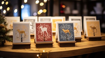 Handmade Christmas cards displayed on a wooden shelf, each with a personal touch.