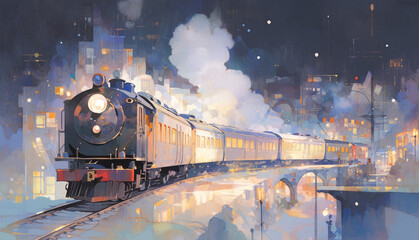 夜空と電車と線路の水彩画