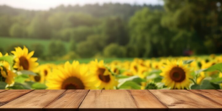 The empty wooden table top with blur background of sunflower field. Exuberant image. generative AI