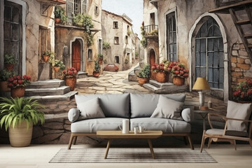 a living room with a wall mural of a street scene