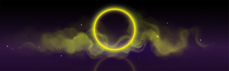 Yellow neon circle with cloud smoke and flare glow. 3d realistic abstract led ring with sparkle and purple soft fog trail. Mystery panorama with gold circular glowing bright laser lens and steam