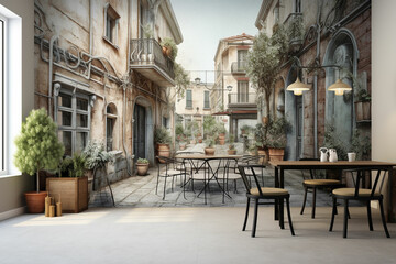 Fototapeta premium a living room with a wall mural of a street scene