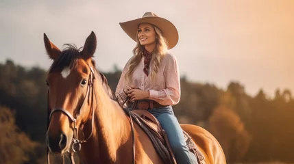 Foto op Canvas Young woman riding a horse in a cowboy hat © almeera