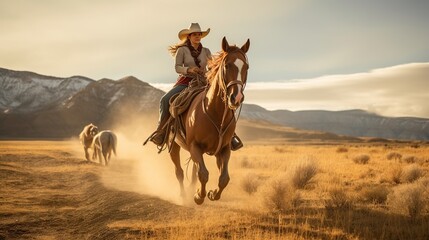 Young woman riding a horse in a cowboy hat - obrazy, fototapety, plakaty