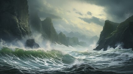 Steep cliffs overlooking the vast ocean, waves crashing fiercely below.