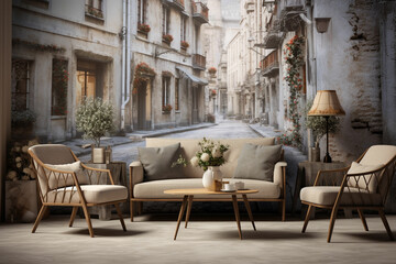 a living room with a wall mural of a street scene