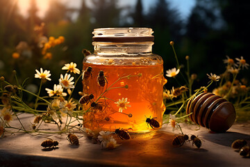 A jar of honey with a background of wildflowers