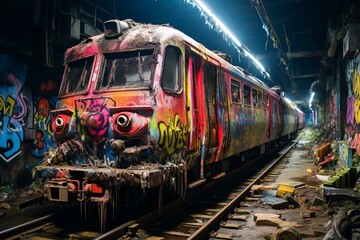 An ancient train wrecked inside an underground passageway, covered in vibrant spray-painted artworks. Generative AI