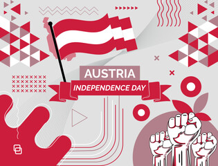Austria national day banner with map, flag colors theme background and geometric abstract retro modern colorfull design with raised hands or fists.