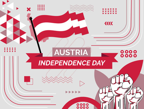 Austria national day banner with map, flag colors theme background and geometric abstract retro modern colorfull design with raised hands or fists.