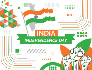 INDIA national day banner with map, flag colors theme background and geometric abstract retro modern colorfull design with raised hands or fists. 