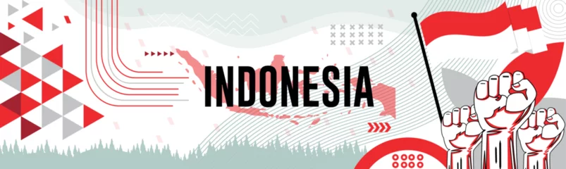 Fotobehang Indonesia national day bannerwith map flag colors background and geometric abstract modern red white design. Indonesian flag independence day corporate business theme. © Mehedi