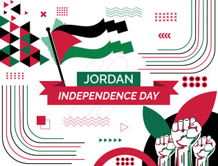 Jordan national day banner with map, flag colors theme background and geometric abstract retro modern colorfull design with raised hands or fists.