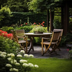 table and chairs in garden  generated by AI