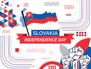 Slavokia  national day banner with map, flag colors theme background and geometric abstract retro modern colorfull design with raised hands or fists.