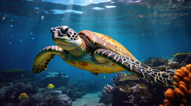 Turtle cruising clean blue sea. AI generated image
