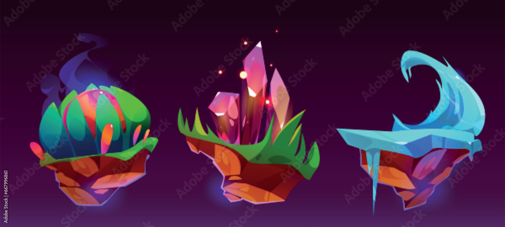 Poster fantasy floating island game cartoon ui vector. ice scene isolated interface design. crystal world p