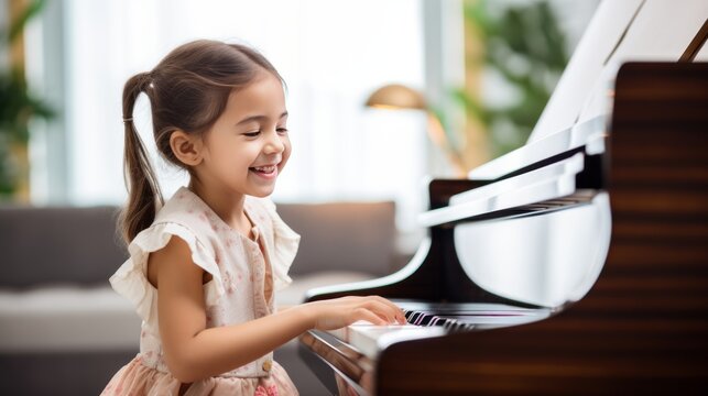 A joyful child is playing piano on a studio background with copy space. Creative banner for children's music school