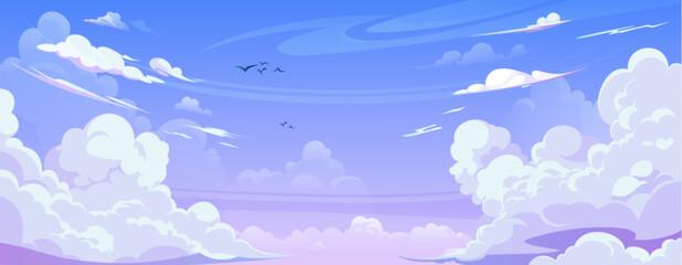 Sky with anime fluffy curve shaped clouds. Cartoon vector illustration of sunny summer day cloudy heaven background with blue and pink gradient color. Panoramic air landscape in clear weather.