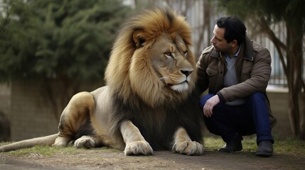 A man is next to a lion