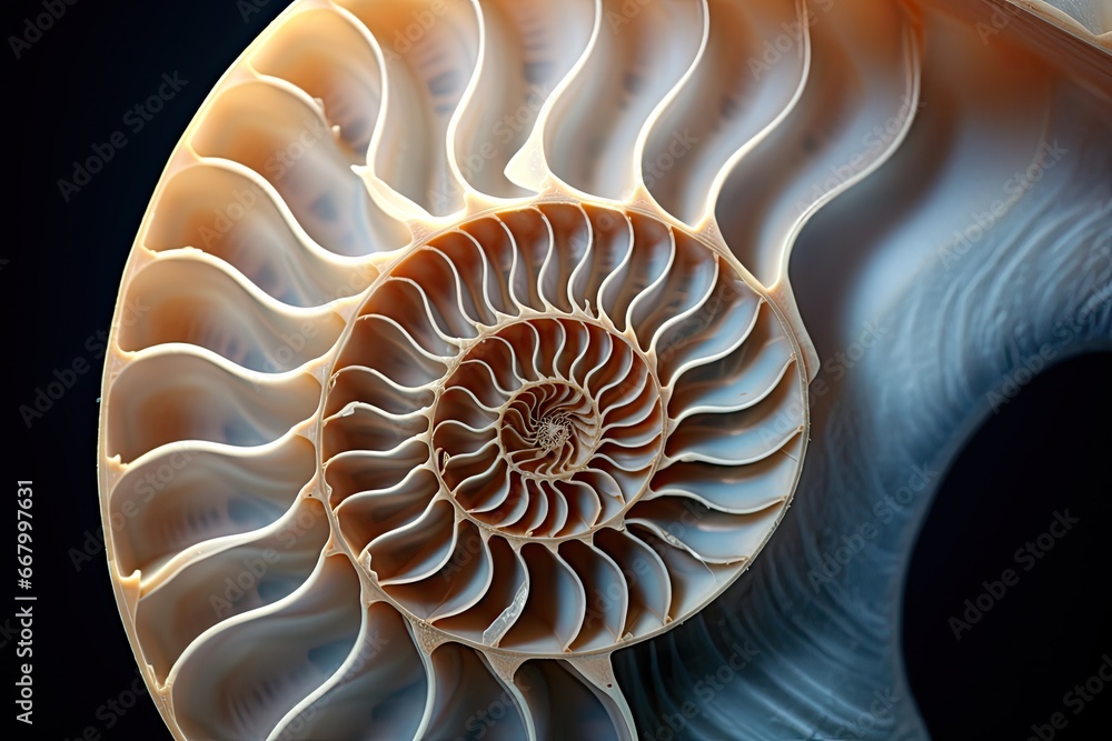Poster nautilus shell on black background, computer generated abstract background, 3d render, nautilus shel