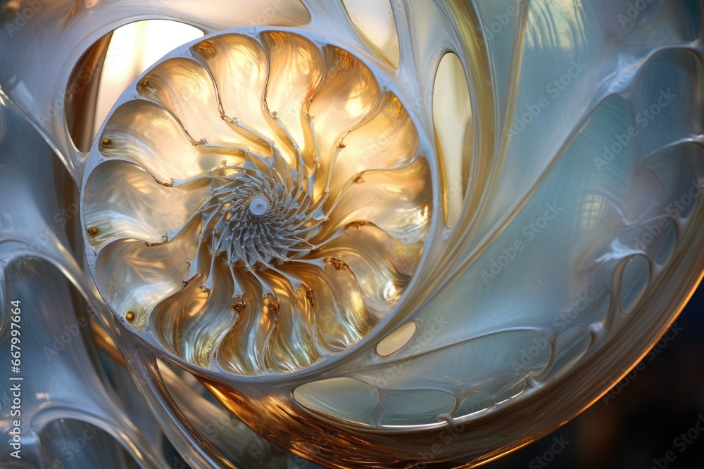 Poster close-up of a spiral shell in a glass vase, nautilus shell, closeup of a nautilus shell, ai generate