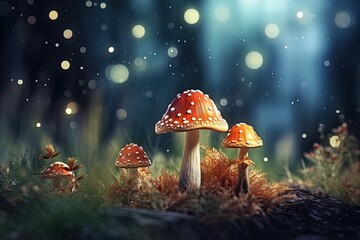Mushrooms in the forest on a dark background. 3d rendering, Mushrooms in the forest with bokeh background. 3d rendering, AI Generated