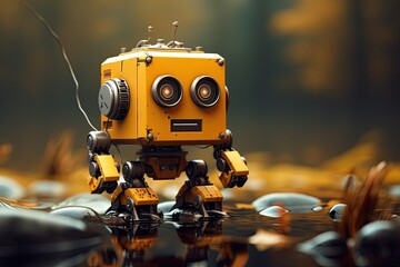 3d rendering of robot toy in the forest. 3d illustration, nano bot, AI Generated - obrazy, fototapety, plakaty