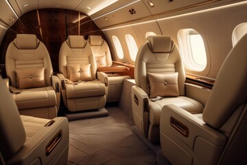 Interior of the airplane. Interior of the plane with leather seats, nterior of luxurious private jet with leather seats, AI Generated