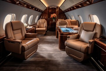 Interior of the airplane with leather seats. 3D rendering, nterior of luxurious private jet with leather seats, AI Generated