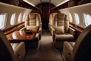 Interior of a private plane with leather seats and seats in the cabin, nterior of luxurious private jet with leather seats, AI Generated - obrazy, fototapety, plakaty