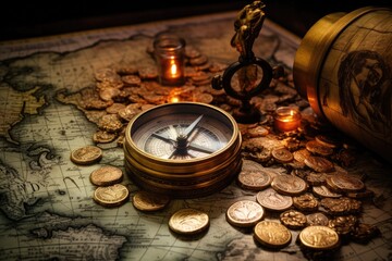 Vintage compass and coins on old map. Treasure concept. Selective focus, Old compass, telescope, and coins on an antique world map, AI Generated