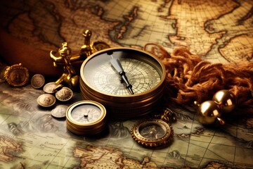 Vintage compass and old map. Vintage style toned picture, Old compass, telescope, and coins on an antique world map, AI Generated - obrazy, fototapety, plakaty