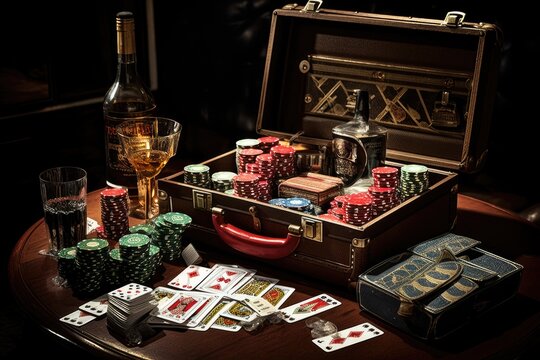Casino still life with deck of playing cards, poker chips, bottle of whiskey, glass of whiskey on dark background, Now the only thing a gambler needs Is a suitcase and a trunk, AI Generated