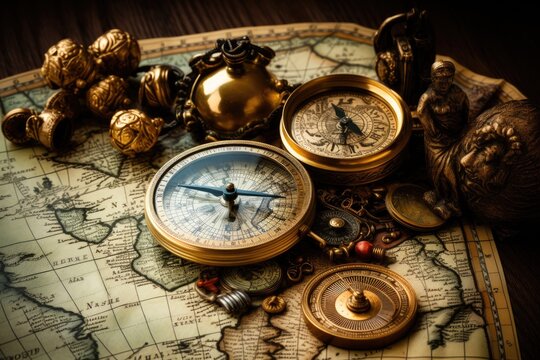 Vintage compass and old map on wooden background. Vintage style, Old compass, telescope, and coins on an antique world map, AI Generated