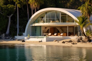 Luxury villa on the beach at sunset. Nobody inside, Photograph of large lagoon beach with minimalist architectural white slate beach house. A swooping rounded roof with glass paneling, AI Generated