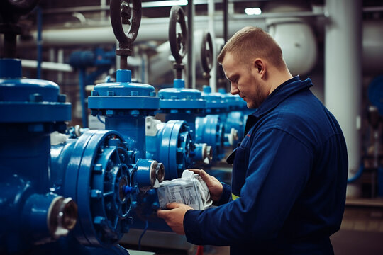 A worker at a water supply station inspects water pump valves equipment in a substation for the distribution of clean water at a large industrial estate. Water pipes