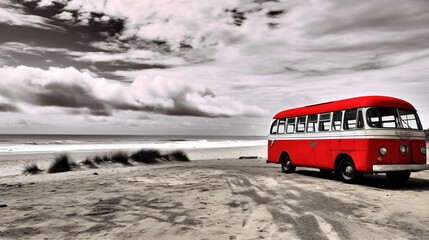 Red bus adventure on beach